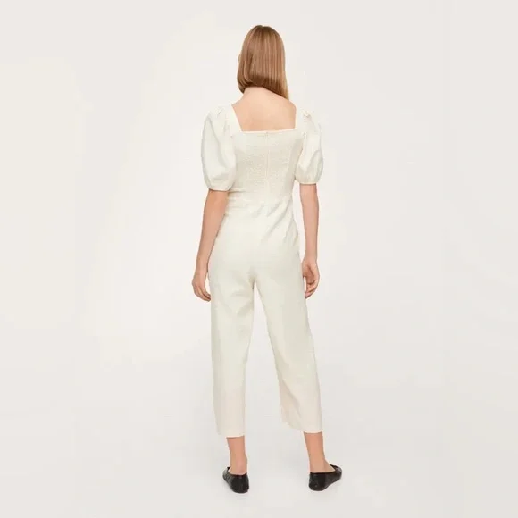 MNG Mango puff sleeve cotton long jumpsuit, cream viscose/cotton/linen blend - Picture 5 of 17